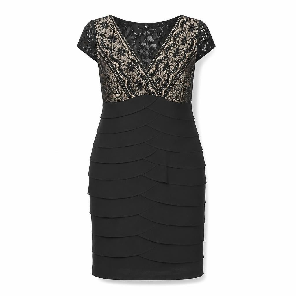 Black lace illusion tiered bodycon dress - white studio shot, second-hand at Why Go Less, Dekwaneh, Lebanon