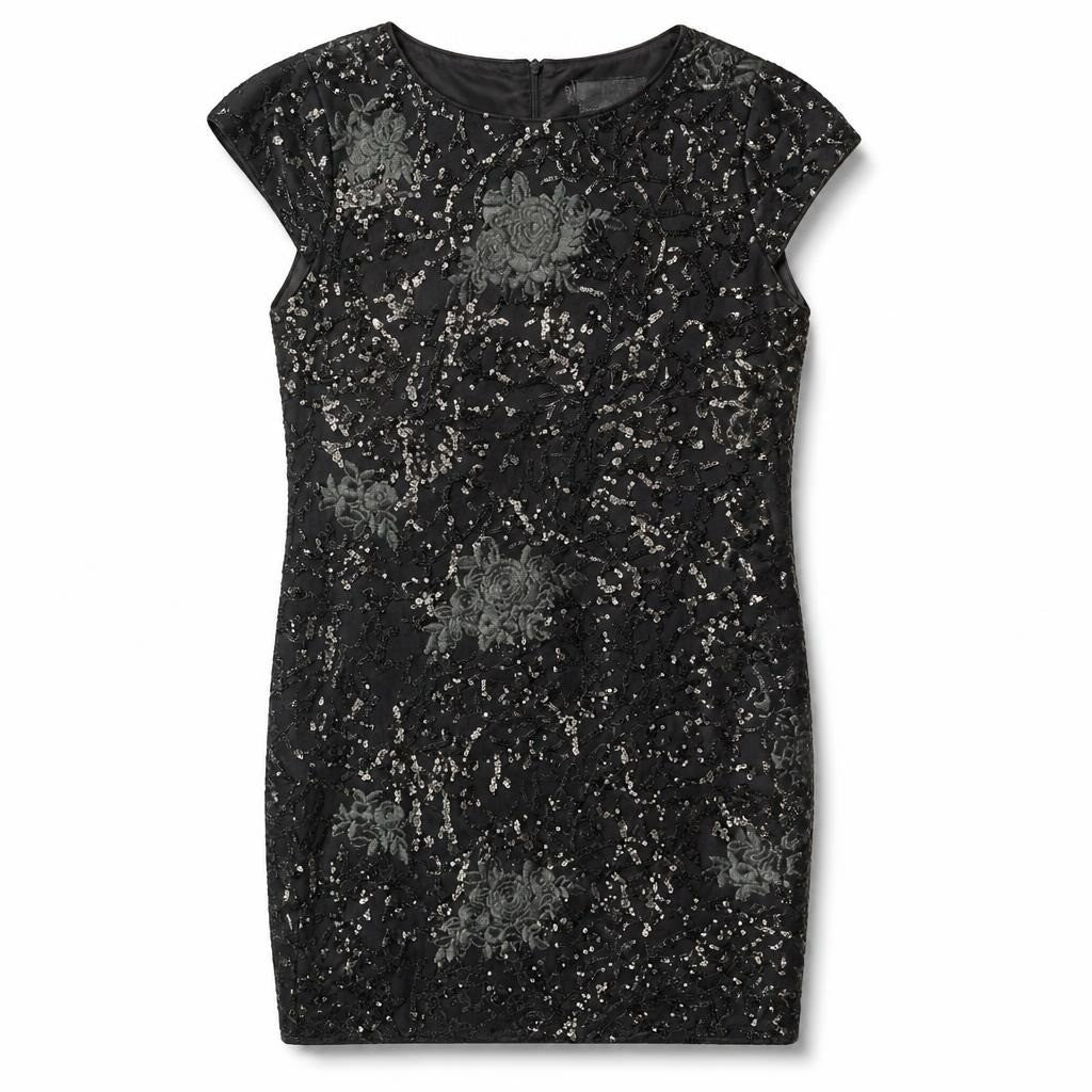 Black sequin floral lace mini dress, cap sleeve - white studio shot, second-hand at Why Go Less, Dekwaneh, Lebanon