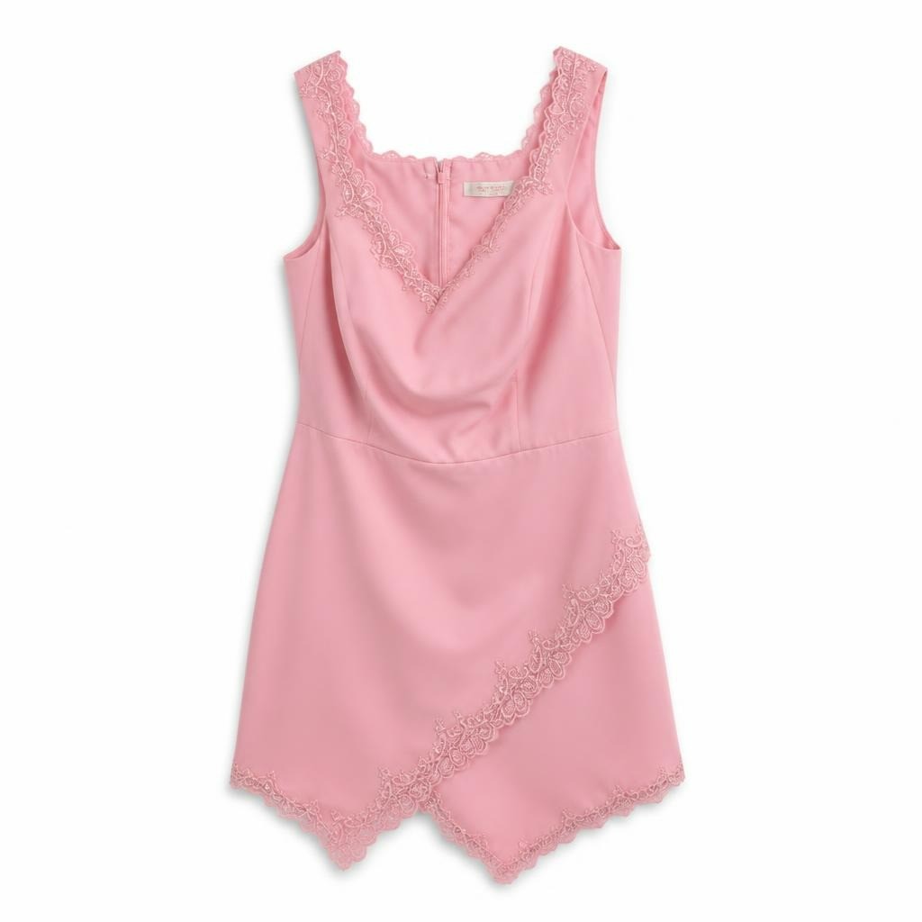 Pink Lace-Trim Sleeveless Mini Dress, New Tag - white studio shot, second-hand at Why Go Less, Dekwaneh, Lebanon