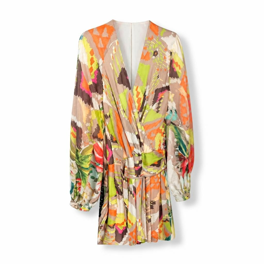 Multicolor Abstract Print Wrap Mini Dress - white studio shot, second-hand at Why Go Less, Dekwaneh, Lebanon