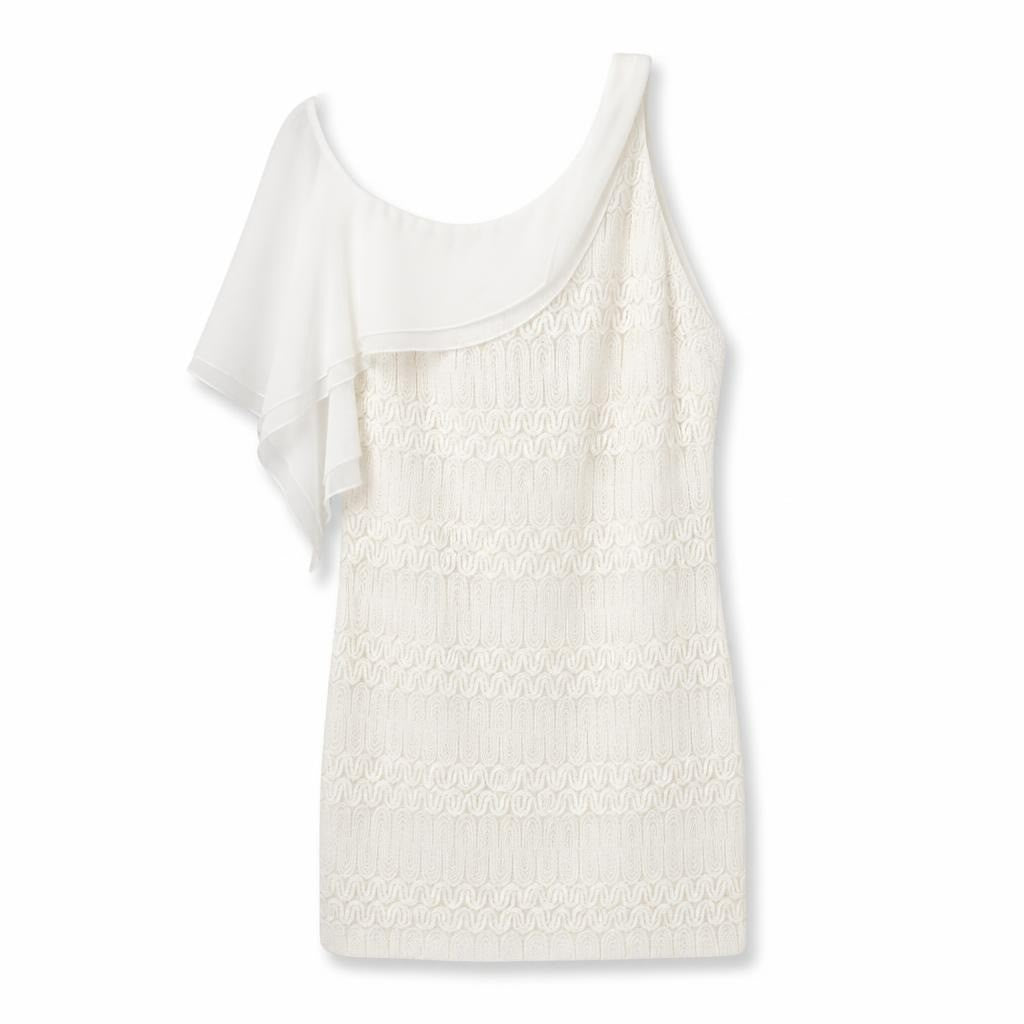Cream lace & chiffon overlay dress, off-shoulder - white studio shot, second-hand at Why Go Less, Dekwaneh, Lebanon