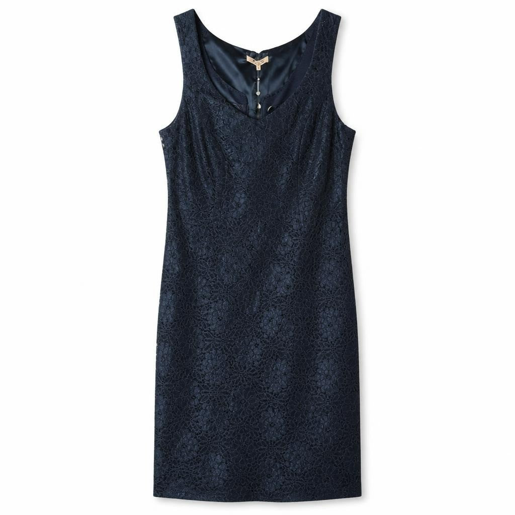 Navy blue lace sleeveless fitted dress - white studio shot, second-hand at Why Go Less, Dekwaneh, Lebanon