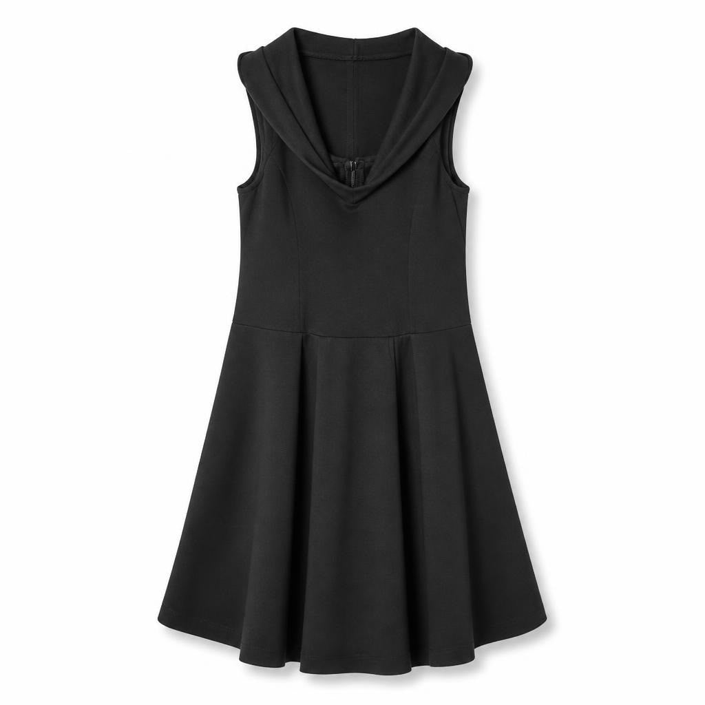 Black hooded asymmetric sleeveless dress - white studio shot, second-hand at Why Go Less, Dekwaneh, Lebanon
