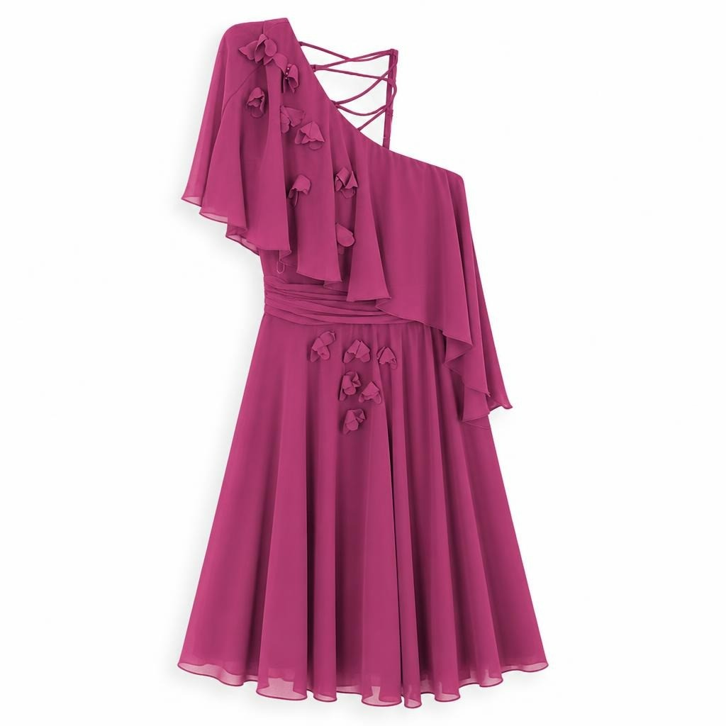 Magenta one-shoulder ruffle gown with floral appliqué - white studio shot, second-hand at Why Go Less, Dekwaneh, Lebanon
