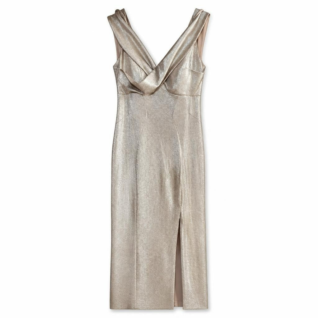 Gold Metallic Halter Neck Jumpsuit/Gown - white studio shot, second-hand at Why Go Less, Dekwaneh, Lebanon