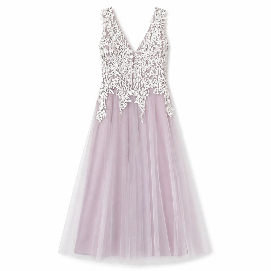 Lilac Tulle Gown White Lace Appliqué Bodice - white studio shot, second-hand at Why Go Less, Dekwaneh, Lebanon