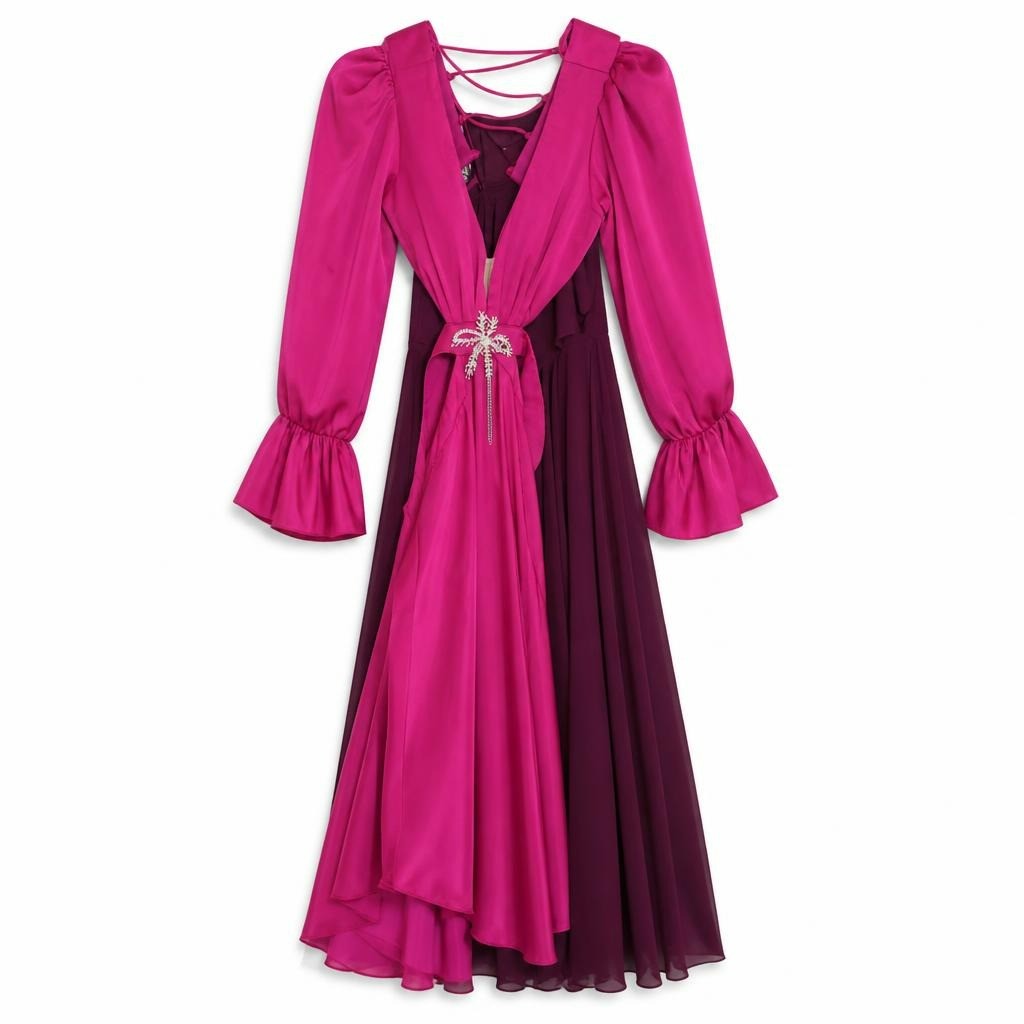 Fuchsia Satin Deep-V Puff Sleeve Maxi Dress - white studio shot, second-hand at Why Go Less, Dekwaneh, Lebanon