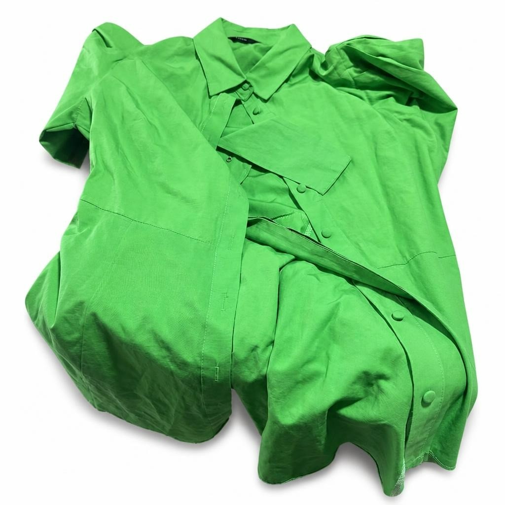 Bright green oversized button-up shirt/blouse - white studio shot, second-hand at Why Go Less, Dekwaneh, Lebanon
