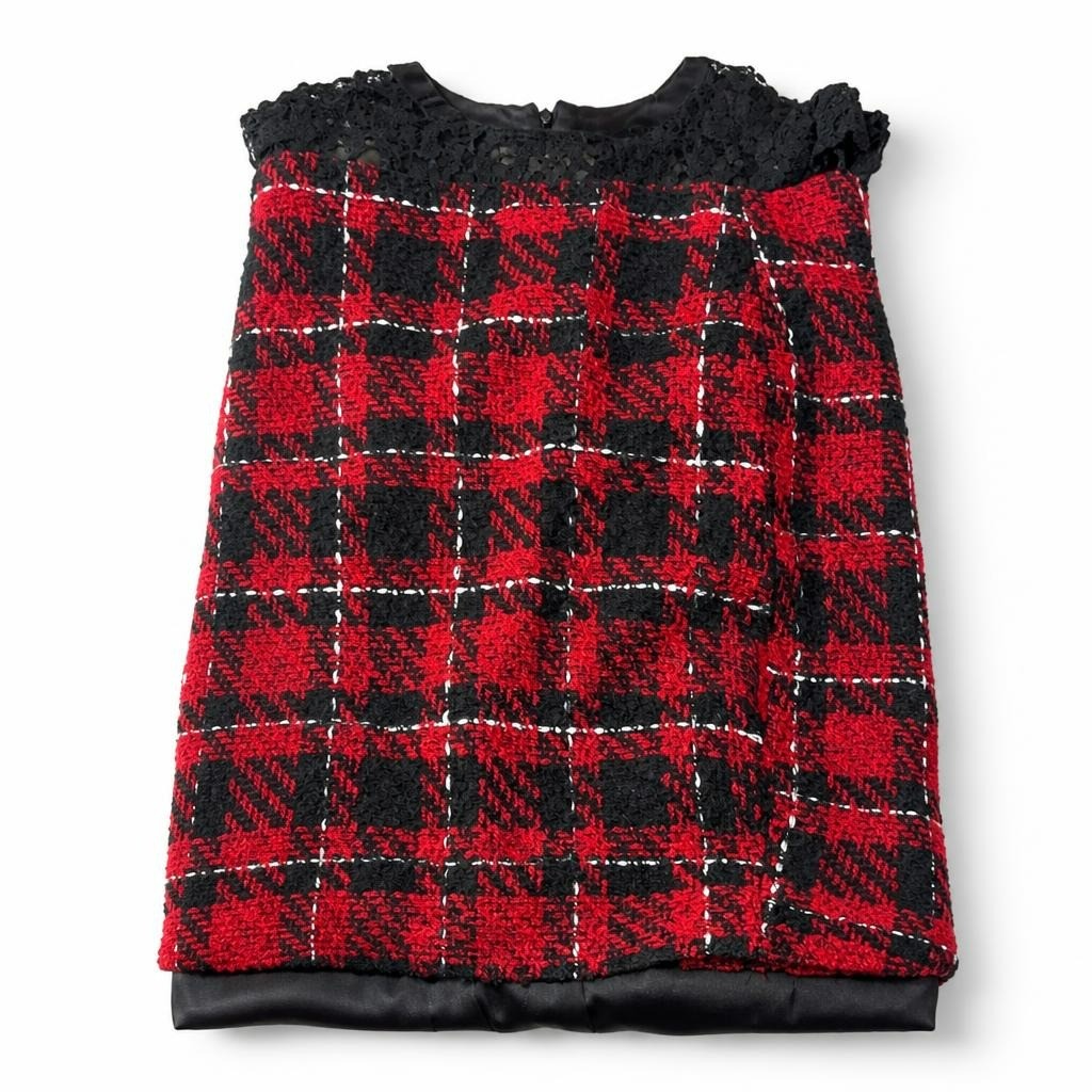 Red black tartan plaid knit top with lace trim - white studio shot, second-hand at Why Go Less, Dekwaneh, Lebanon