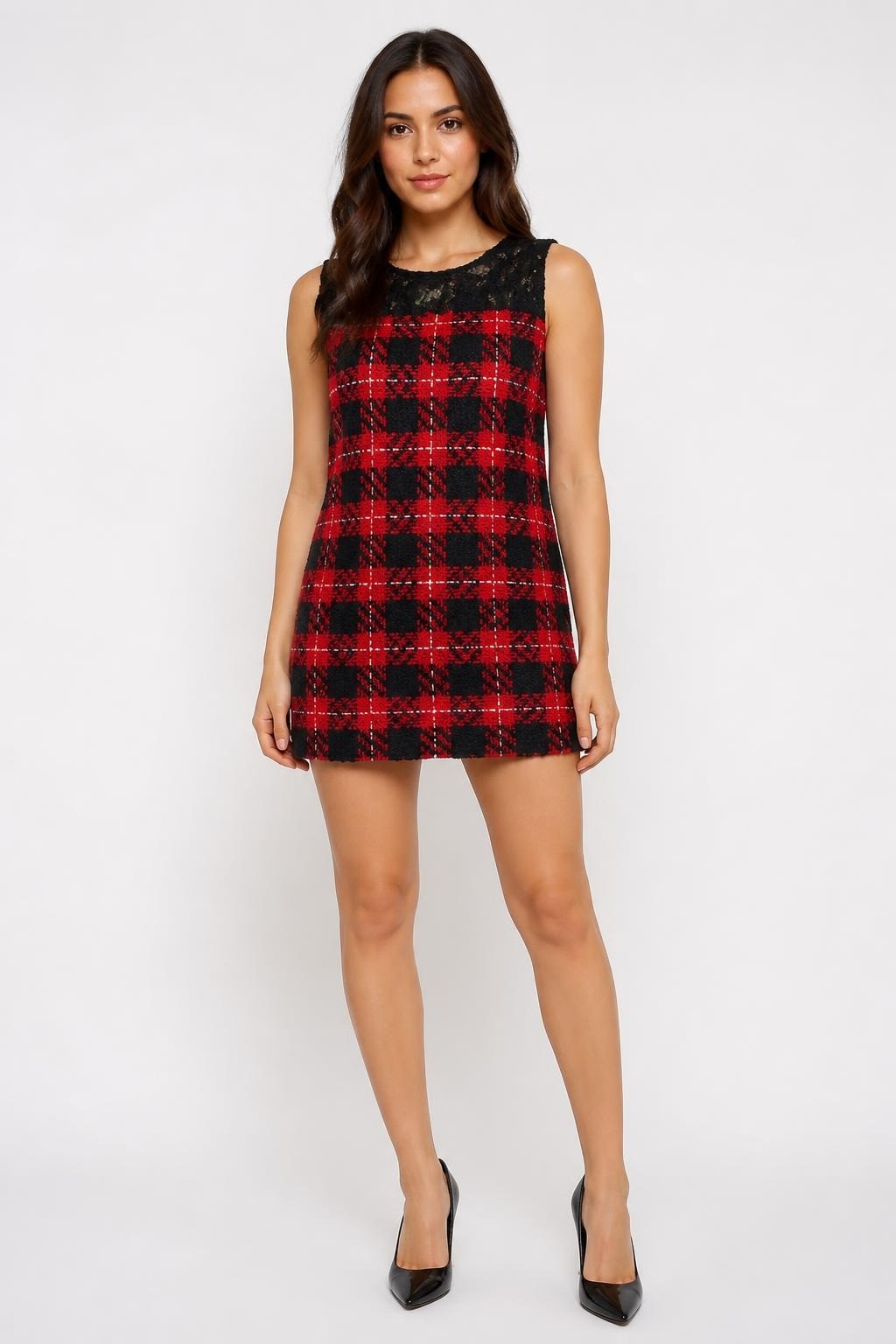Red And Black Tartan Tweed Lace Trim Mini Dress | Pre-Loved | Why Go Less