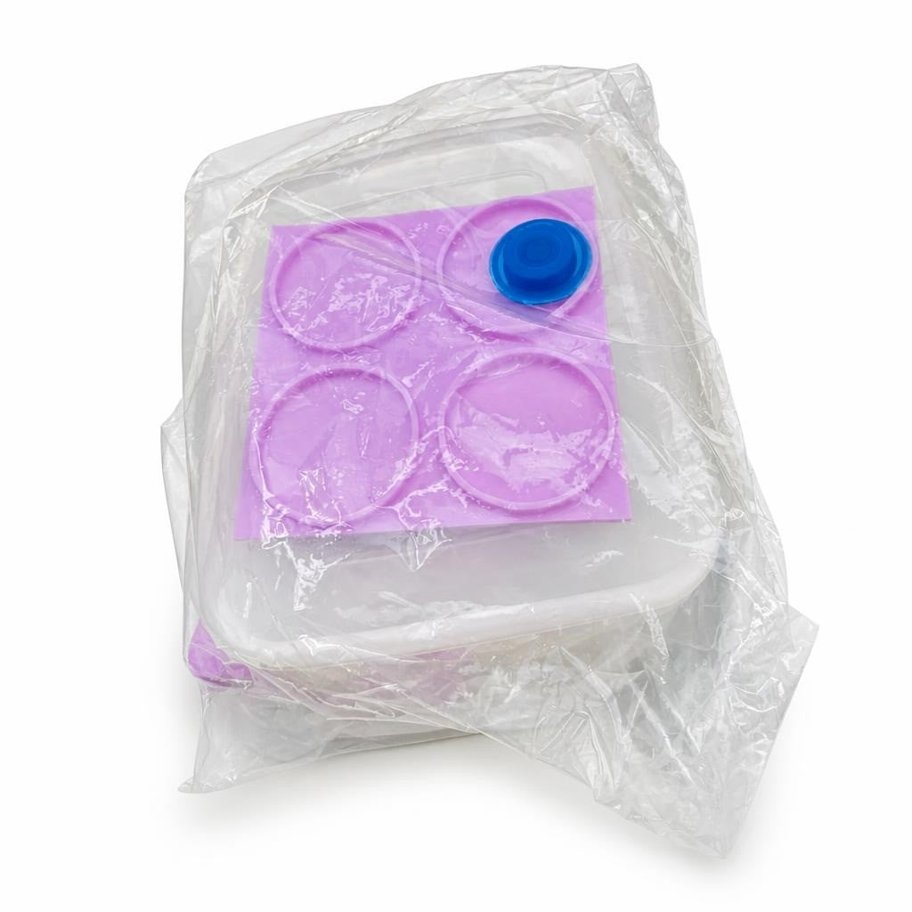 Silicone coaster mold set, purple, 4-cavity round - white studio shot, second-hand at Why Go Less, Dekwaneh, Lebanon