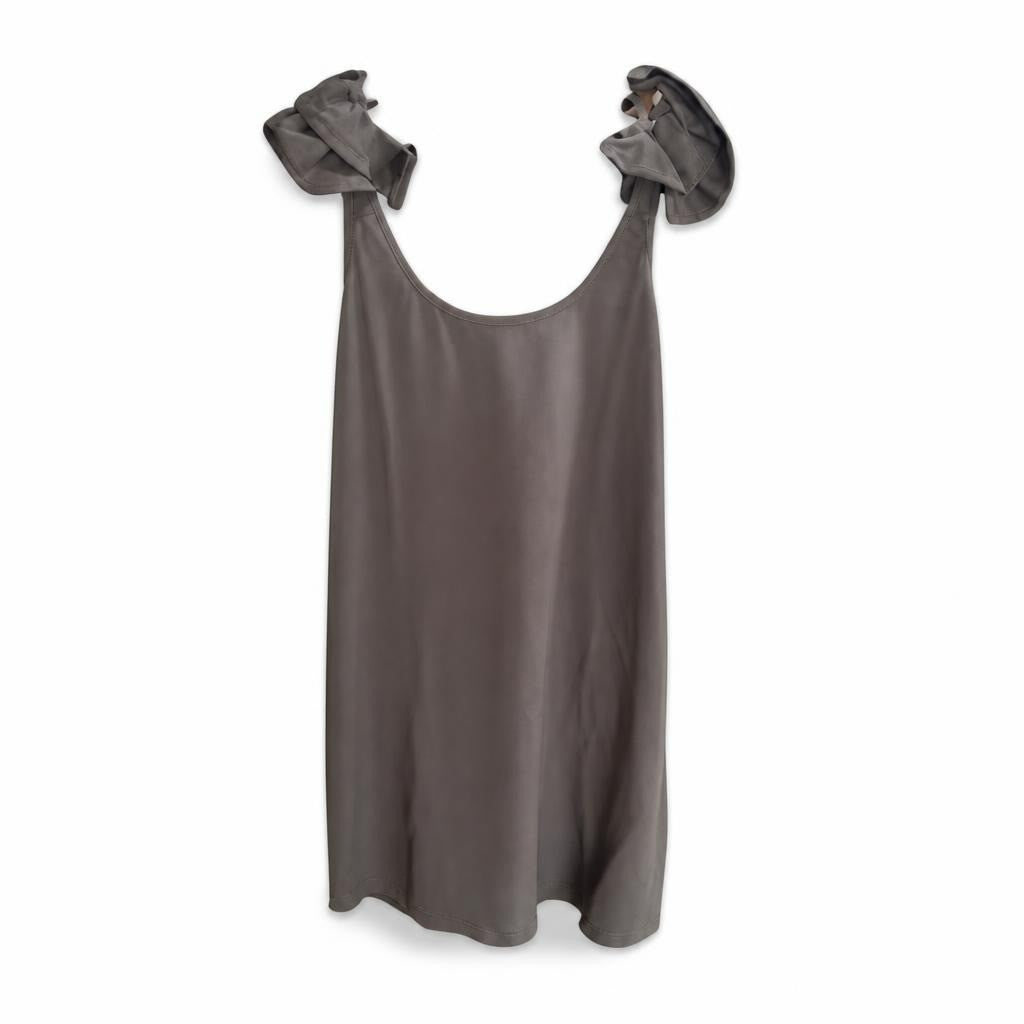 Gray ruffle-shoulder mini dress, taupe/dark gray - white studio shot, second-hand at Why Go Less, Dekwaneh, Lebanon