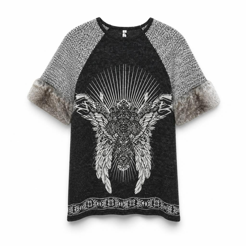 NNBL graphic print raglan tee, black/gray - white studio shot, second-hand at Why Go Less, Dekwaneh, Lebanon