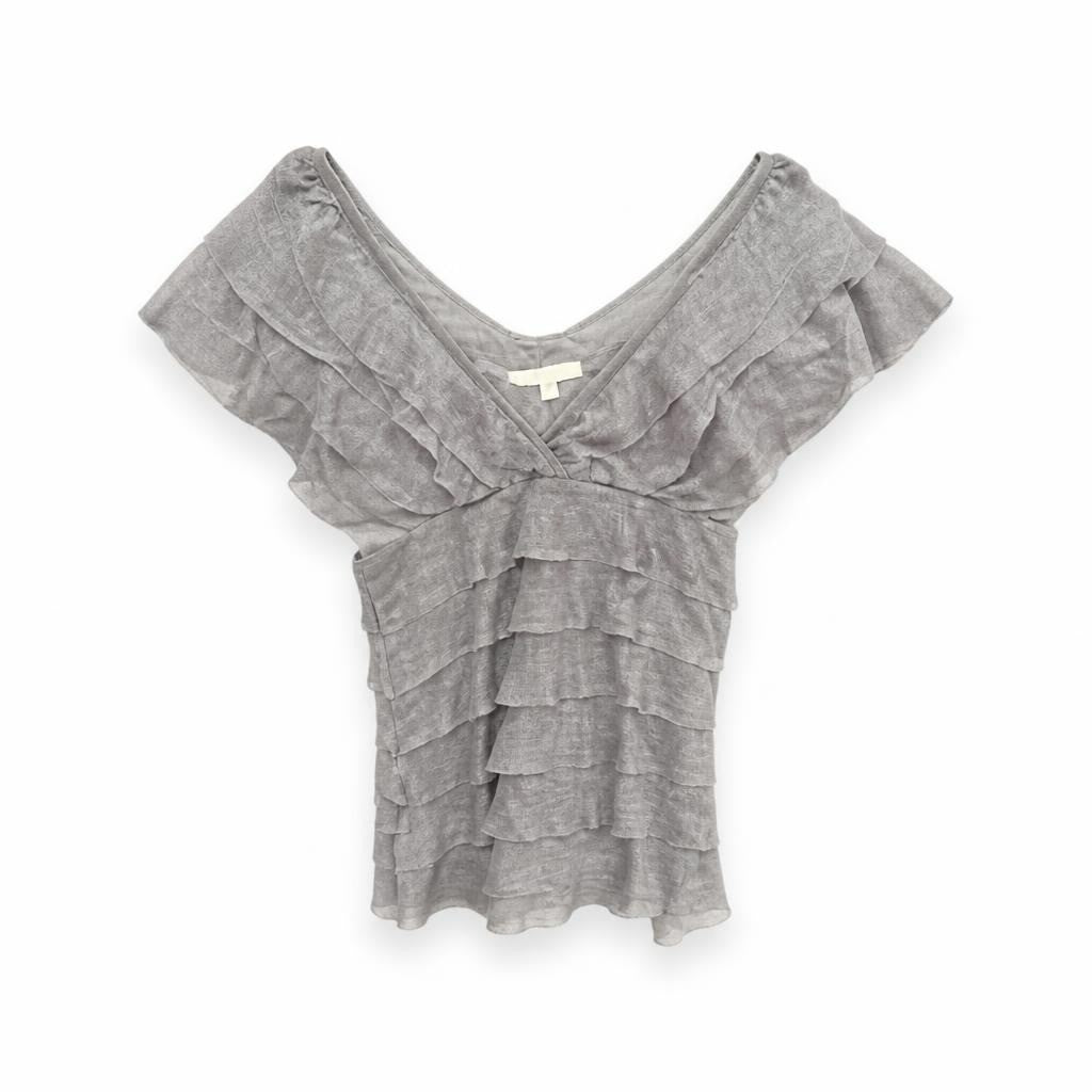 Gray tiered ruffle knit mini dress/top - white studio shot, second-hand at Why Go Less, Dekwaneh, Lebanon