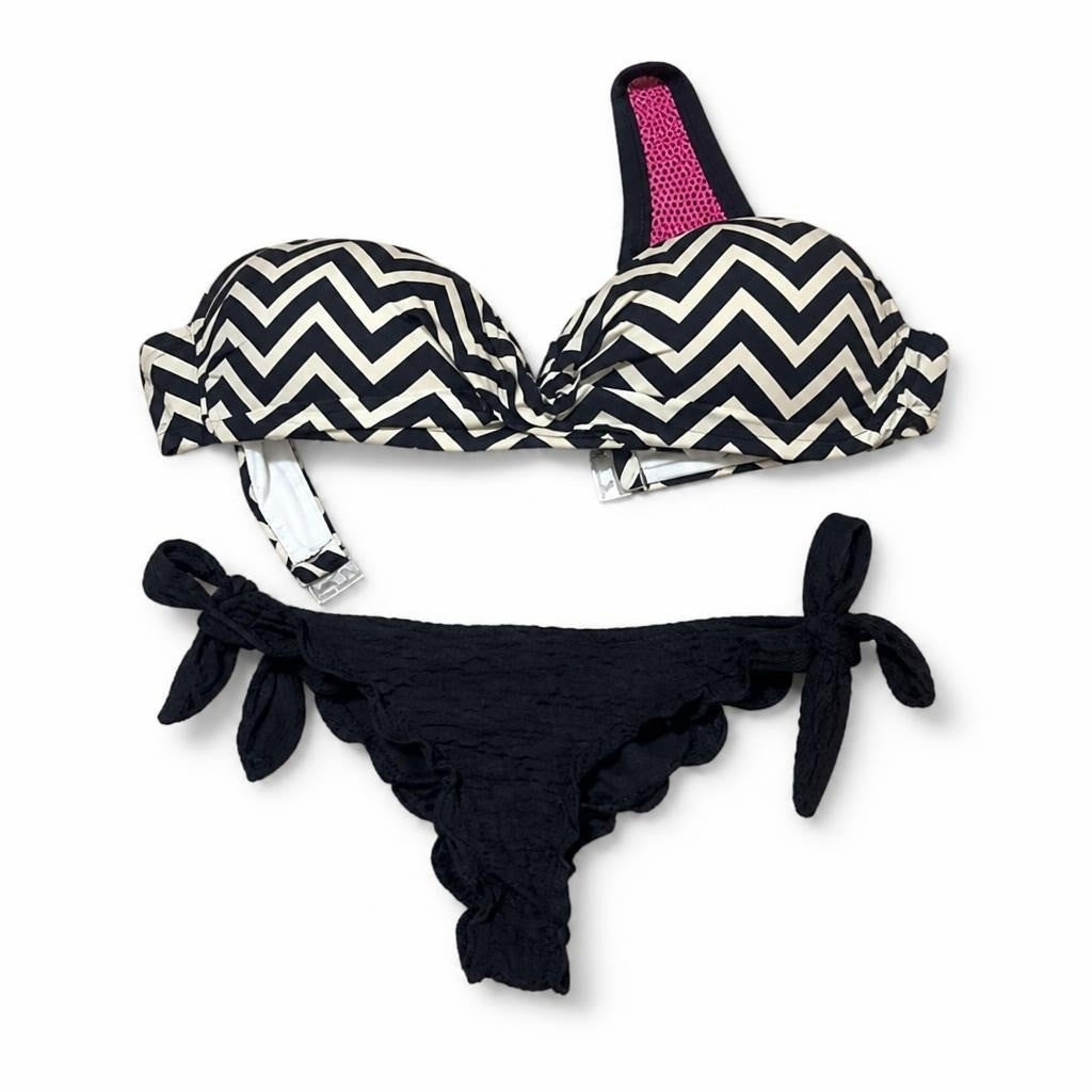 Chevron B&W bikini top + black lace bikini bottom - white studio shot, second-hand at Why Go Less, Dekwaneh, Lebanon