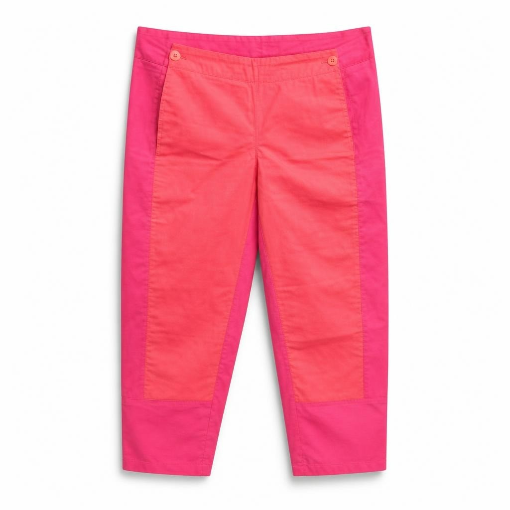 Two-tone pink coral color-block cropped trousers - white studio shot, second-hand at Why Go Less, Dekwaneh, Lebanon