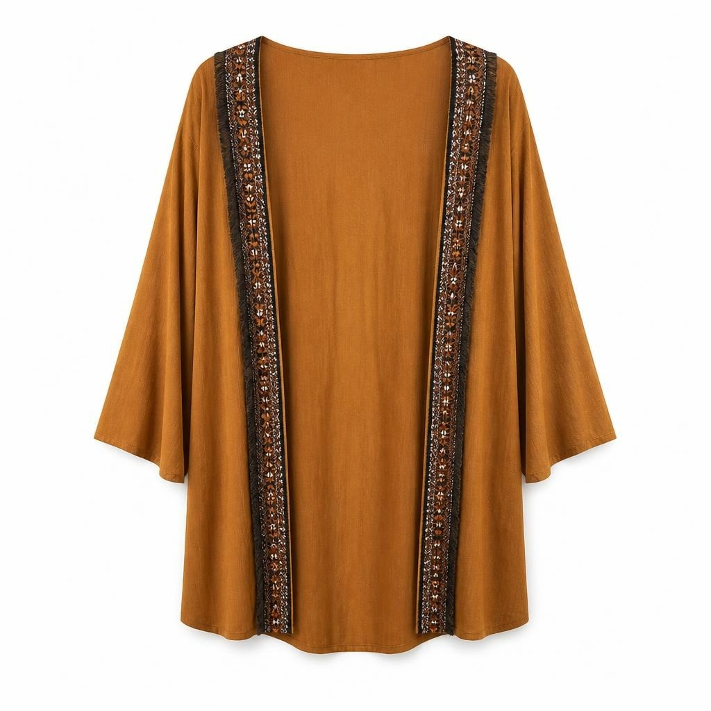Camel suede-look kimono top with boho trim - white studio shot, second-hand at Why Go Less, Dekwaneh, Lebanon
