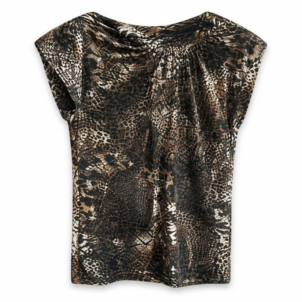 Animal snake print ruched mini skirt - white studio shot, second-hand at Why Go Less, Dekwaneh, Lebanon