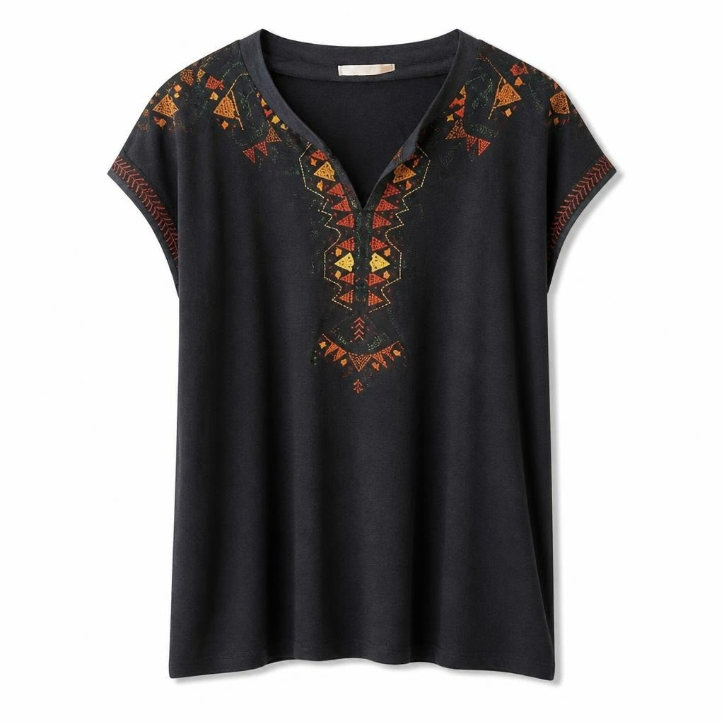 Black suede-look embroidered ethnic top, size unclear - white studio shot, second-hand at Why Go Less, Dekwaneh, Lebanon