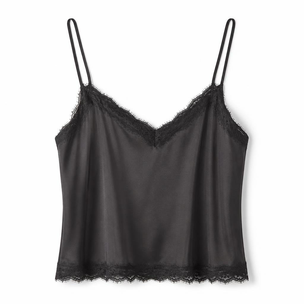 Dark grey satin lace-trim cami crop top - white studio shot, second-hand at Why Go Less, Dekwaneh, Lebanon