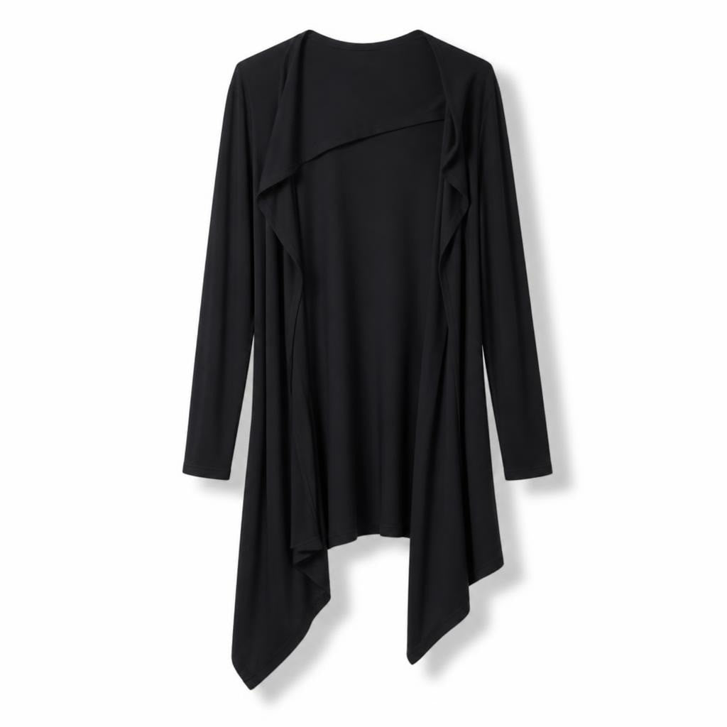 Black long ribbed open-front cardigan duster - white studio shot, second-hand at Why Go Less, Dekwaneh, Lebanon