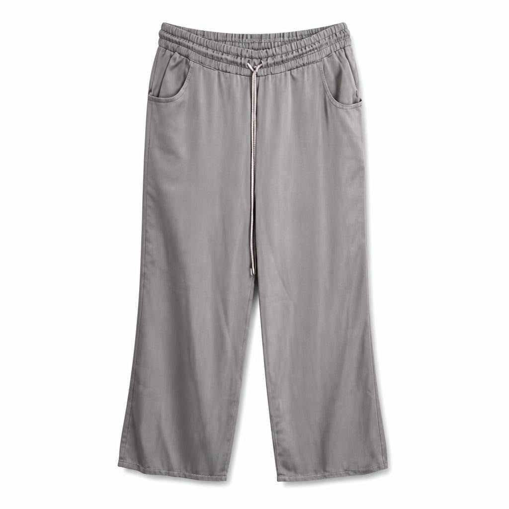 Gray wide-leg drawstring jogger pants, size unclear - white studio shot, second-hand at Why Go Less, Dekwaneh, Lebanon
