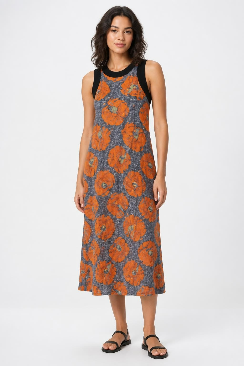 Floral Print Sleeveless Midi Dress, Orange-gray | Pre-Loved | Why Go Less