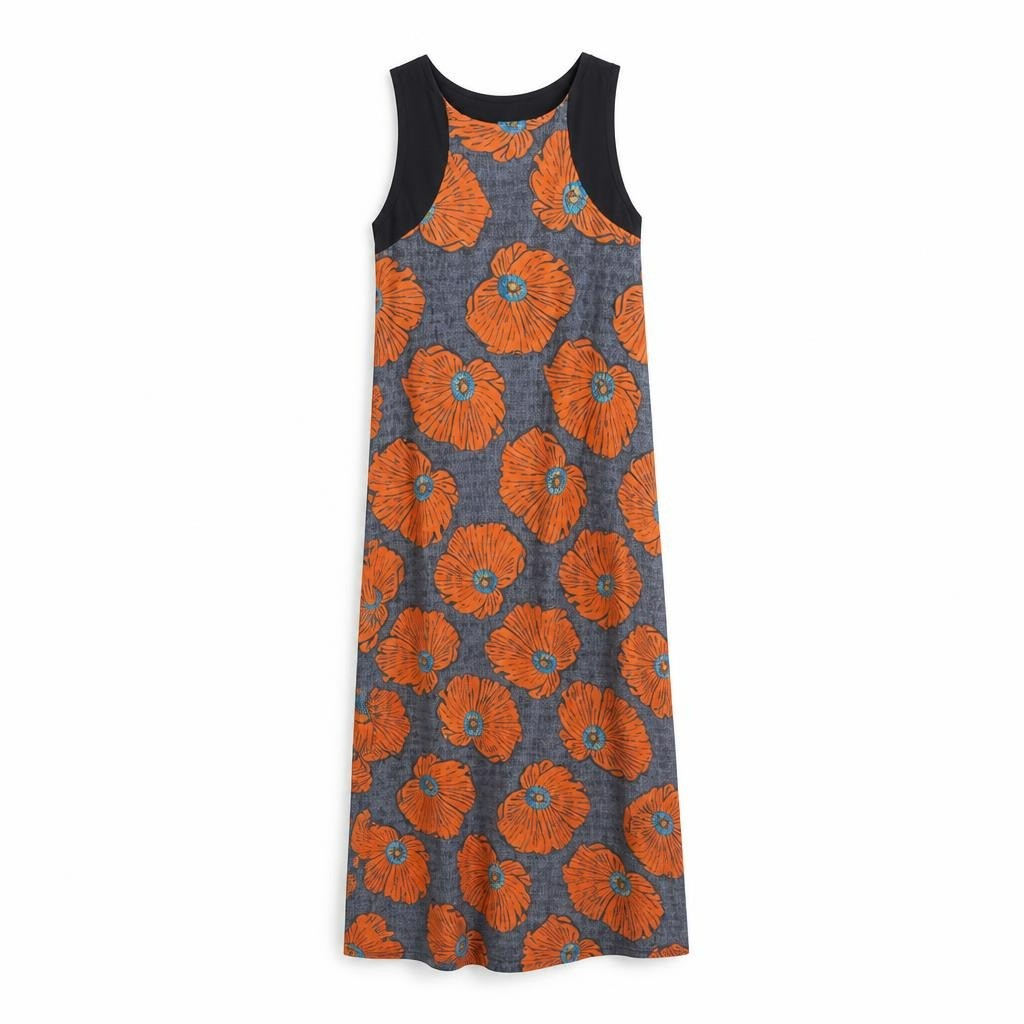 Floral print sleeveless midi dress, orange-gray - white studio shot, second-hand at Why Go Less, Dekwaneh, Lebanon