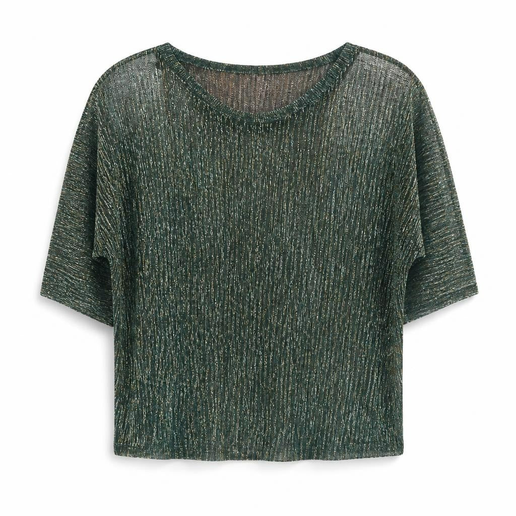 Green metallic lurex boxy short-sleeve top - white studio shot, second-hand at Why Go Less, Dekwaneh, Lebanon