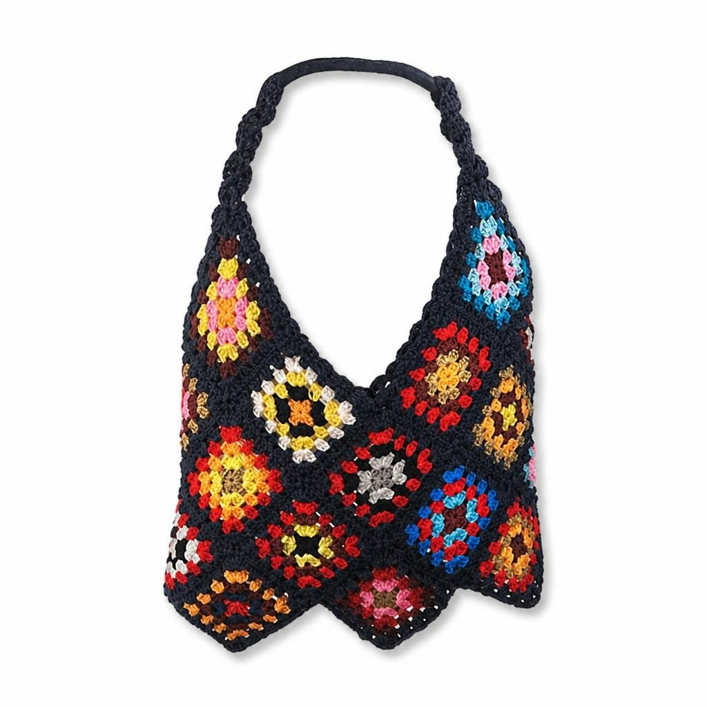 Navy granny square crochet crop top, handmade - white studio shot, second-hand at Why Go Less, Dekwaneh, Lebanon
