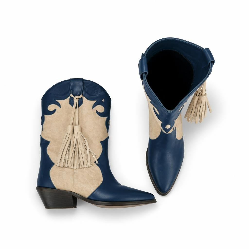 Blue & Gold Western Cowboy Ankle Boots w/ Tassel - white studio shot, second-hand at Why Go Less, Dekwaneh, Lebanon