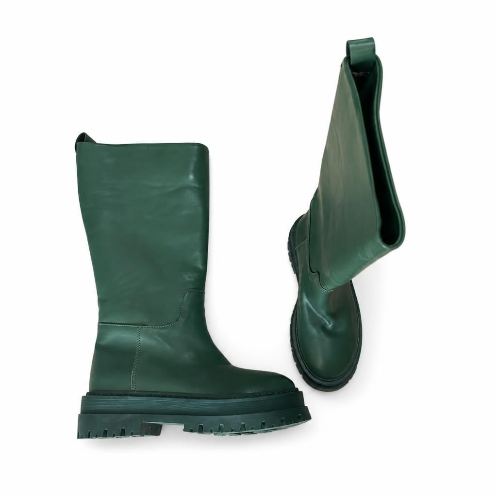 Green Tall Chunky Sole Pull-On Leather Boots - white studio shot, second-hand at Why Go Less, Dekwaneh, Lebanon