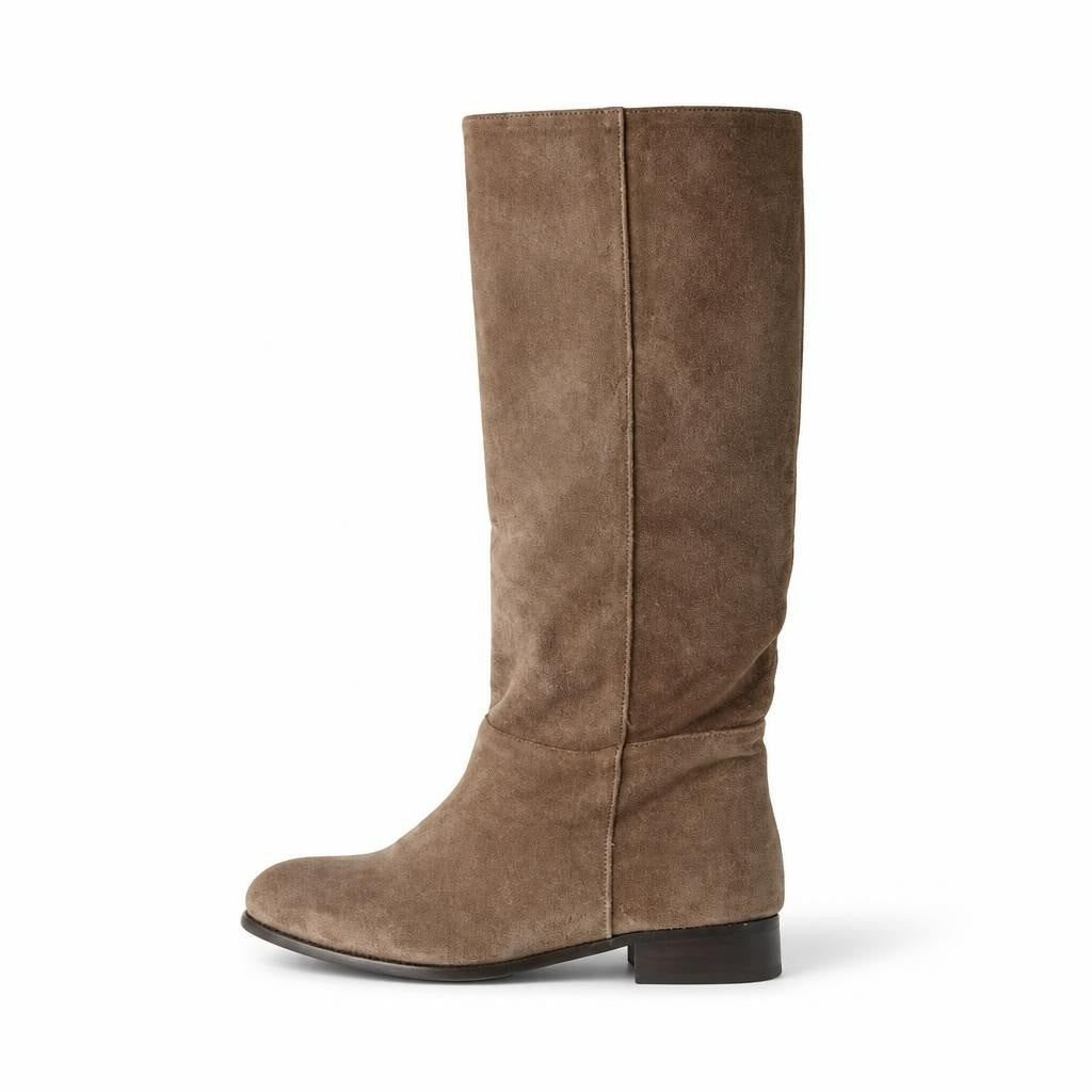 Tall suede knee-high boots, taupe/brown, flat heel - white studio shot, second-hand at Why Go Less, Dekwaneh, Lebanon