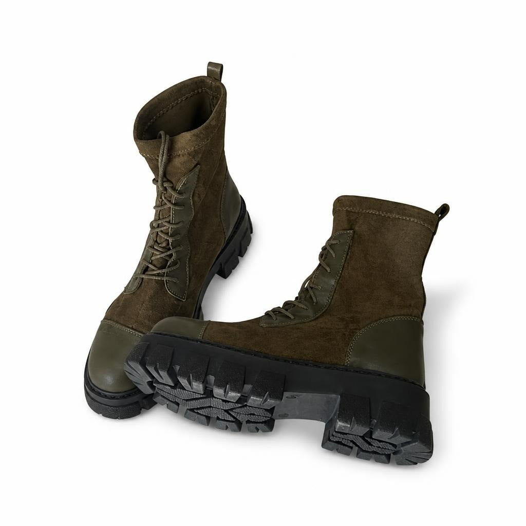 Olive green suede lace-up combat boots, chunky sole - white studio shot, second-hand at Why Go Less, Dekwaneh, Lebanon