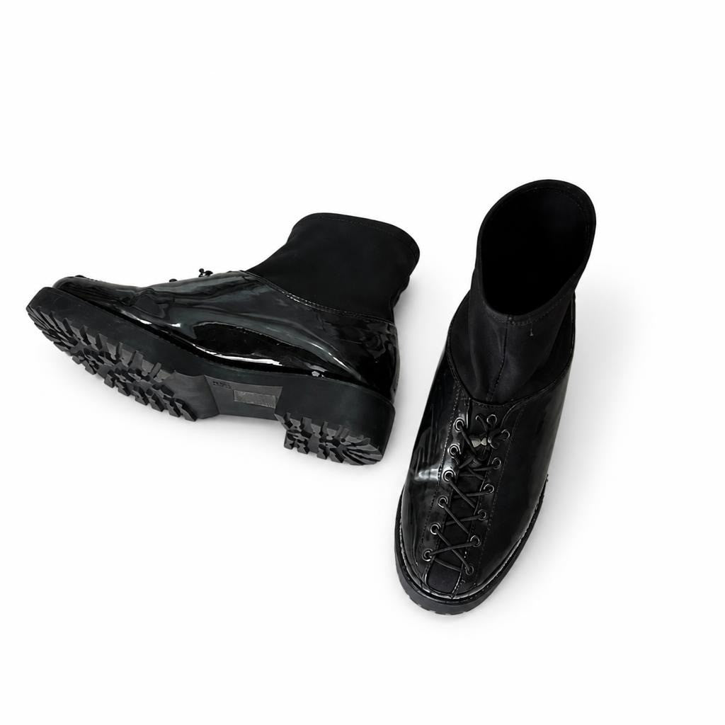 Black patent leather lace-up ankle boots, chunky sole - white studio shot, second-hand at Why Go Less, Dekwaneh, Lebanon
