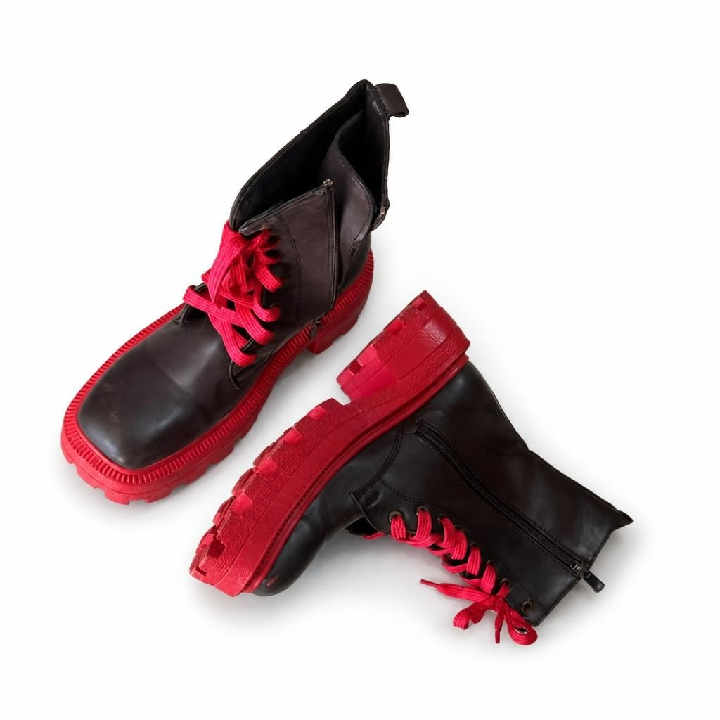 Dark brown leather lace-up boots, red sole and laces - white studio shot, second-hand at Why Go Less, Dekwaneh, Lebanon