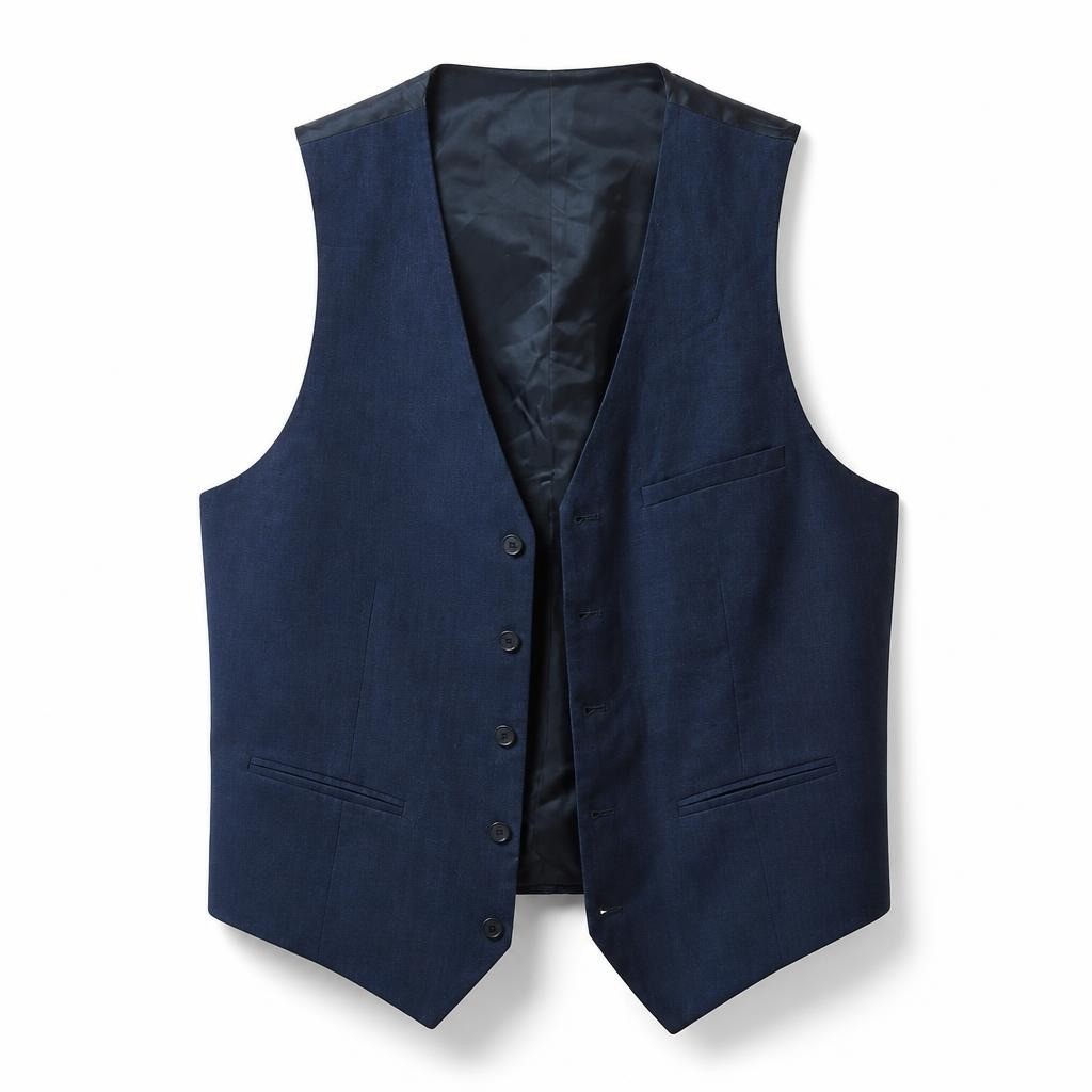 Navy blue suit vest with black lining, buttoned - white studio shot, second-hand at Why Go Less, Dekwaneh, Lebanon