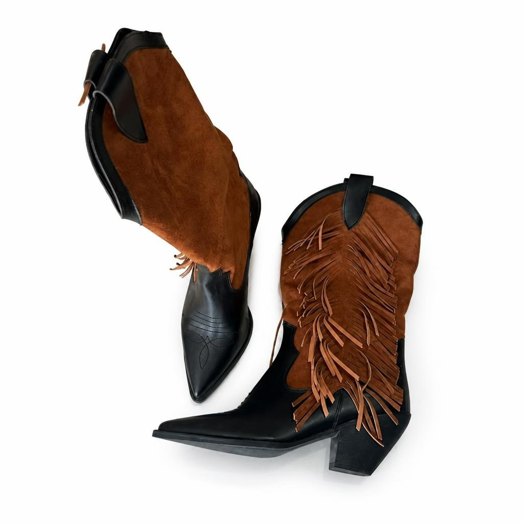 Western cowboy boots brown suede black leather fringe - white studio shot, second-hand at Why Go Less, Dekwaneh, Lebanon