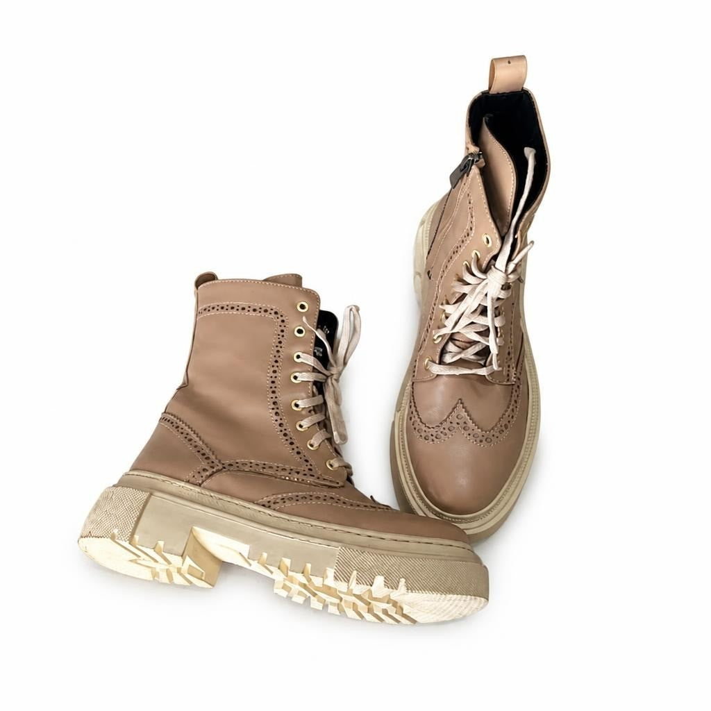 Taupe beige lace-up brogue combat ankle boots - white studio shot, second-hand at Why Go Less, Dekwaneh, Lebanon