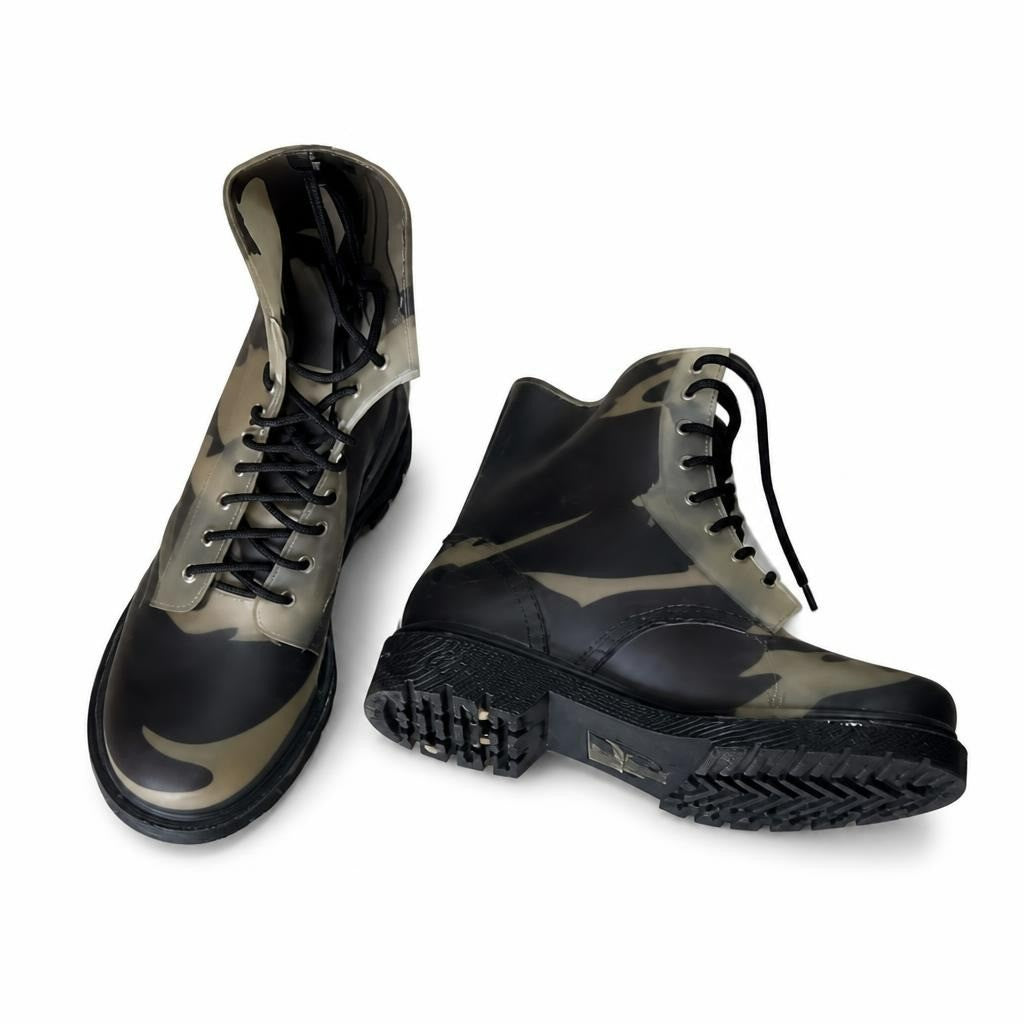 Camouflage lace-up combat ankle boots khaki black - white studio shot, second-hand at Why Go Less, Dekwaneh, Lebanon