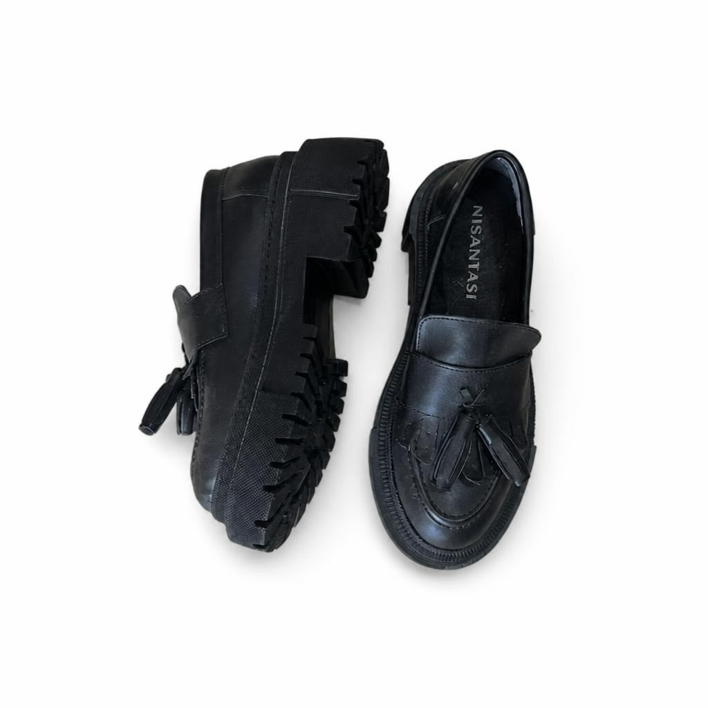 Nisantasi black chunky platform tassel loafers - white studio shot, second-hand at Why Go Less, Dekwaneh, Lebanon