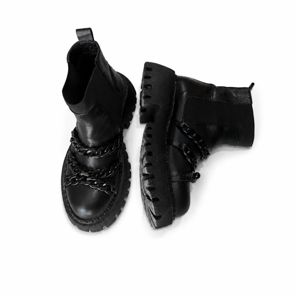 Black leather chain-detail chunky sole ankle boots - white studio shot, second-hand at Why Go Less, Dekwaneh, Lebanon