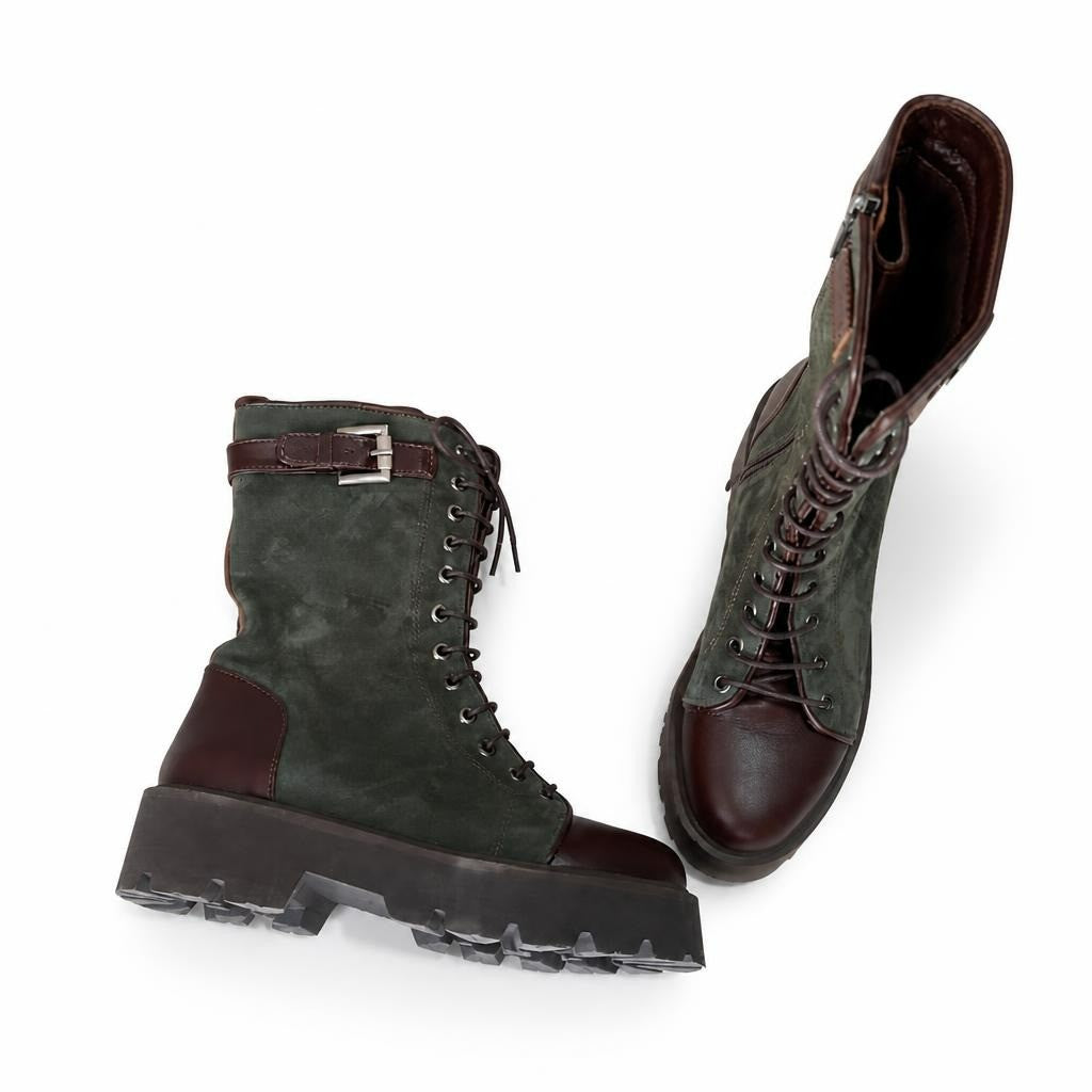 Green suede & brown leather combat boots, women's - white studio shot, second-hand at Why Go Less, Dekwaneh, Lebanon