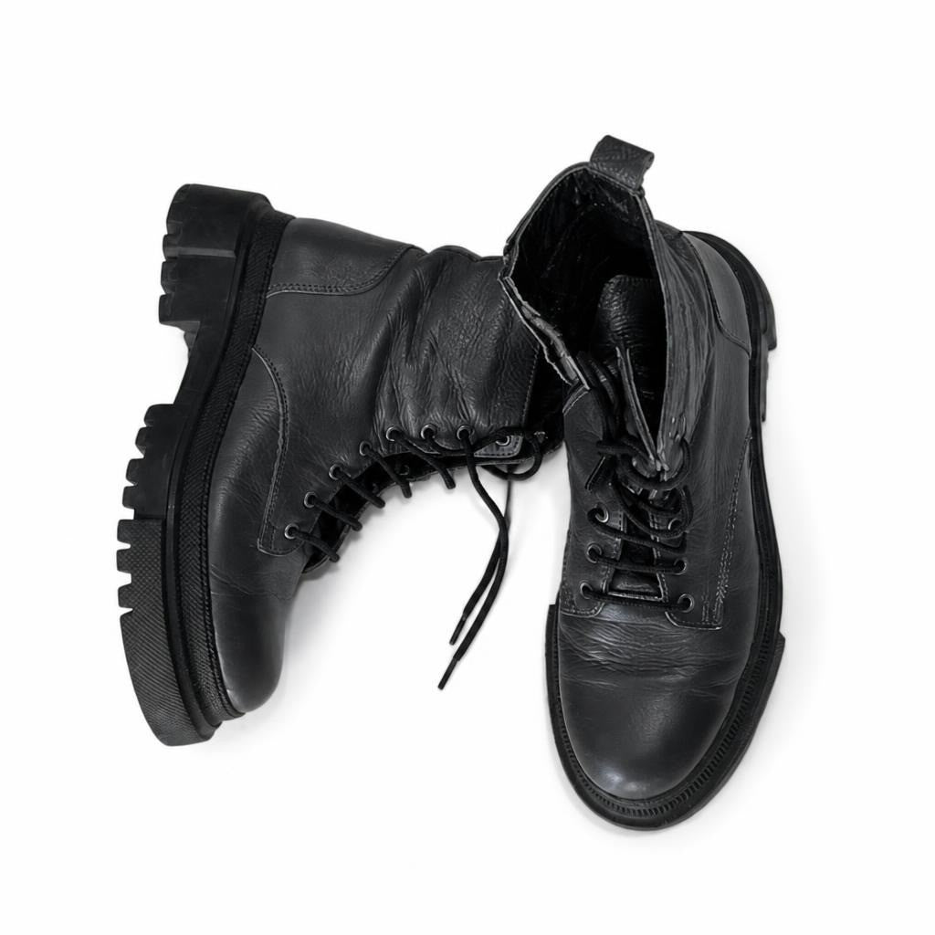 Black leather lace-up combat boots, women's - white studio shot, second-hand at Why Go Less, Dekwaneh, Lebanon