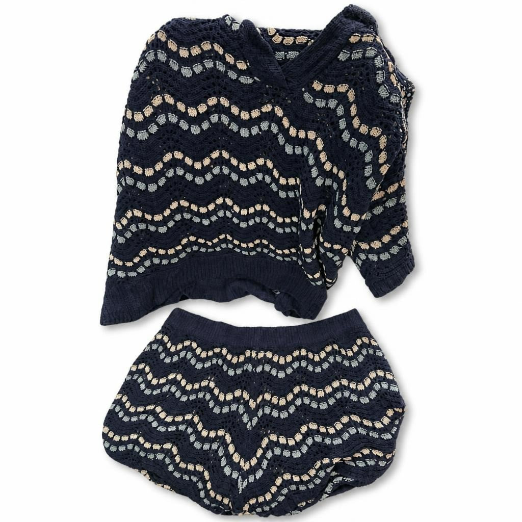 Navy chevron knit top & skirt set - white studio shot, second-hand at Why Go Less, Dekwaneh, Lebanon