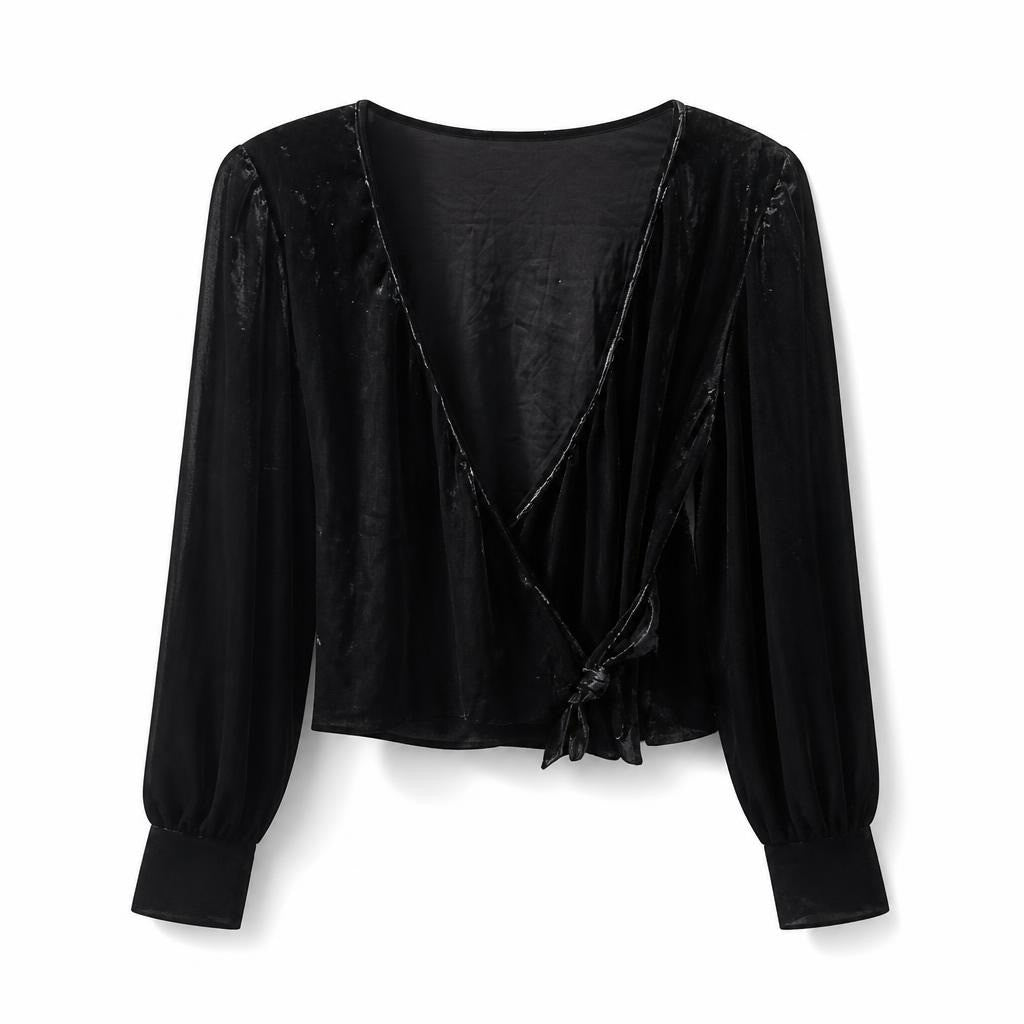 Black velvet wrap-detail long sleeve top - white studio shot, second-hand at Why Go Less, Dekwaneh, Lebanon