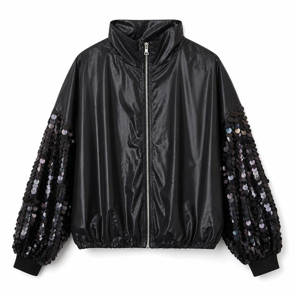 Black satin bomber jacket sequin sleeves - white studio shot, second-hand at Why Go Less, Dekwaneh, Lebanon