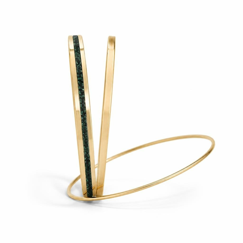Gold metal bangle bracelet set dark inlay - white studio shot, second-hand at Why Go Less, Dekwaneh, Lebanon