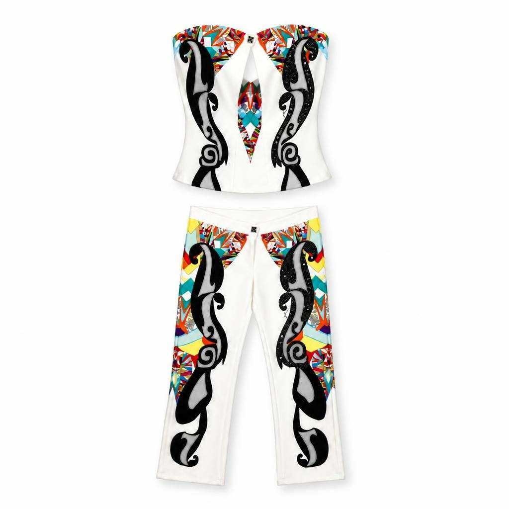 White Printed Corset Top & Pants Set - white studio shot, second-hand at Why Go Less, Dekwaneh, Lebanon