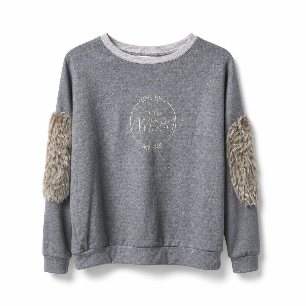 Grey sweatshirt faux fur sleeves moon print - white studio shot, second-hand at Why Go Less, Dekwaneh, Lebanon